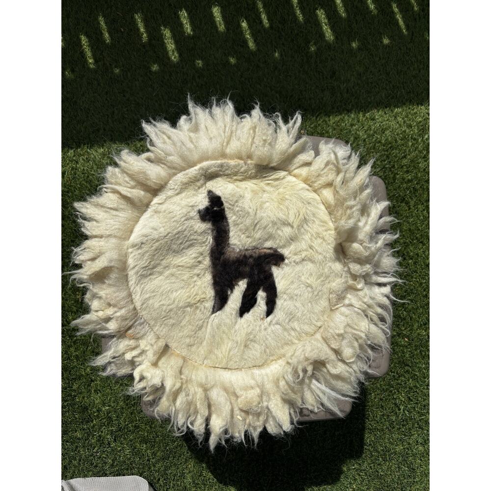 Vintage Alpaca Llama Fur Peruvian Round Handmade Hide Stitched Rug Wall Art 18”
